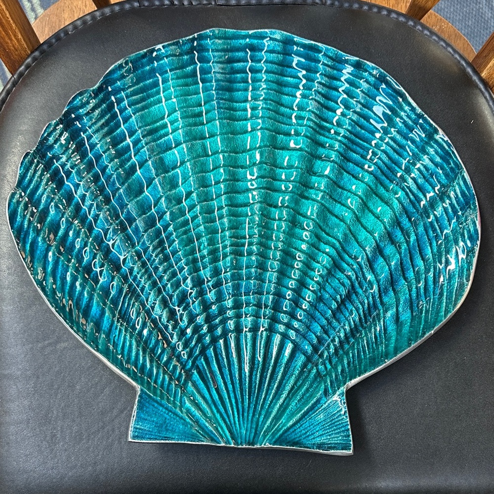 Teal Seashell Metal Serving Dish. Made in India.